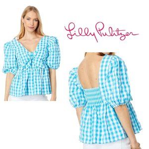 Lilly‎ Pulitzer Sarafina Short Sleeve Gingham Top in Turquoise Oasis Size 2 NWT